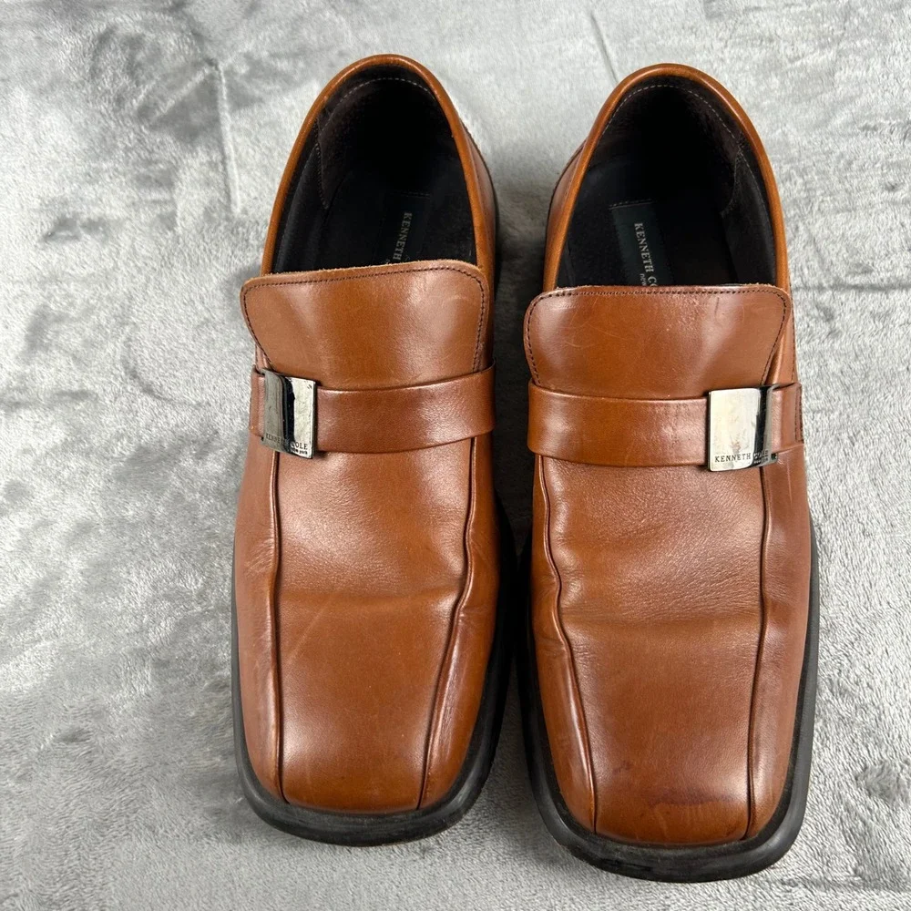 Kenneth Cole New York Mens Leather Loafers Cognac Brown Square Toe Size 11